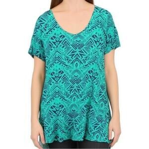 LuLaRoe T-Shirt XS Teal Navy Pullover V-Neck Abstract‎ Geometric Boho